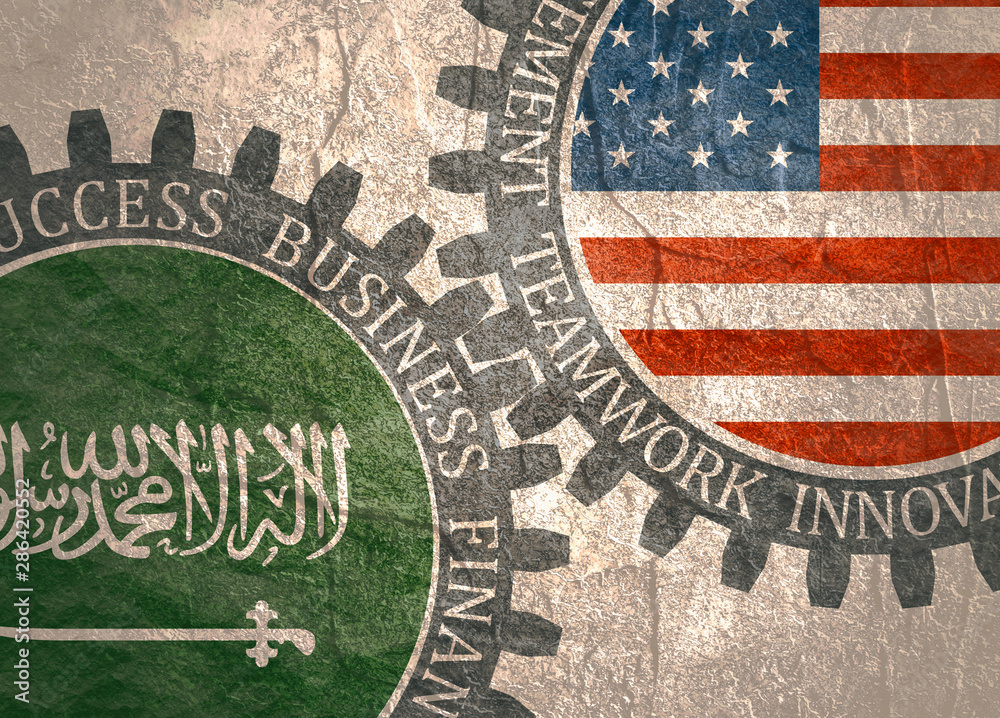 Obraz premium Partnership concept. USA and Saudi Arabia association. Gears textured by flag. Business relative words on the mechanism of gears. Communication concept in industrial design.