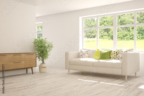 Stylish room in white color with sofa and summer landscape in window. Scandinavian interior design. 3D illustration