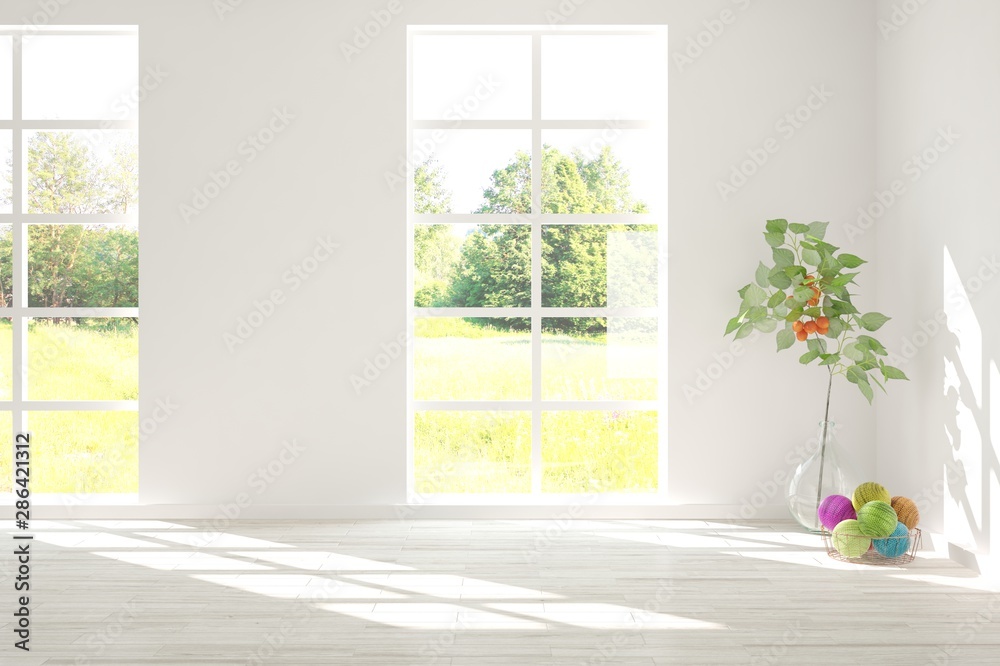 Stylish empty room in white color with summer landscape in window. Scandinavian interior design. 3D illustration Stylish empty room in white color with summer landscape in window. Scandinavian interior design. 3D illustration