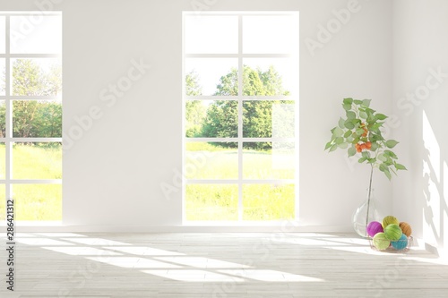 Stylish empty room in white color with summer landscape in window. Scandinavian interior design. 3D illustration