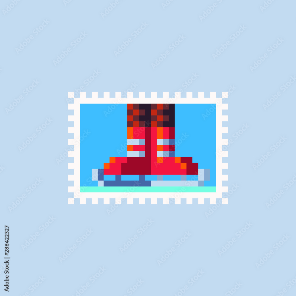 Cute red skates on ice, vintage postmark template pixel art icon