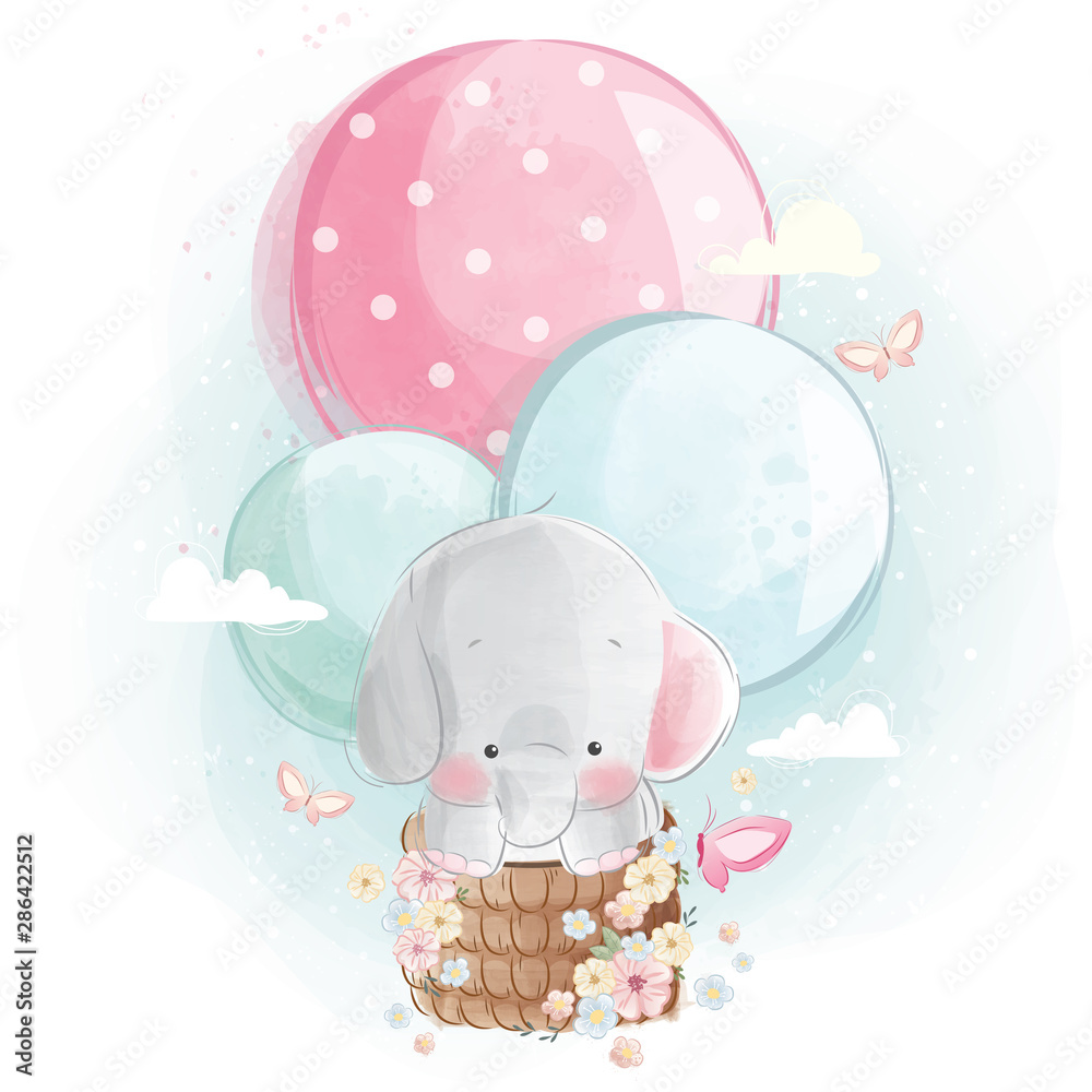 Fototapeta Cute Elephant Flying with Balloons