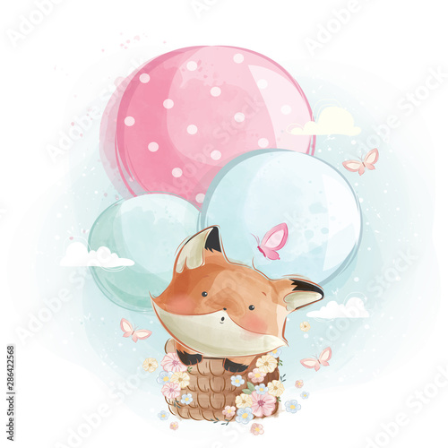 Cute Fox Flying with Balloons