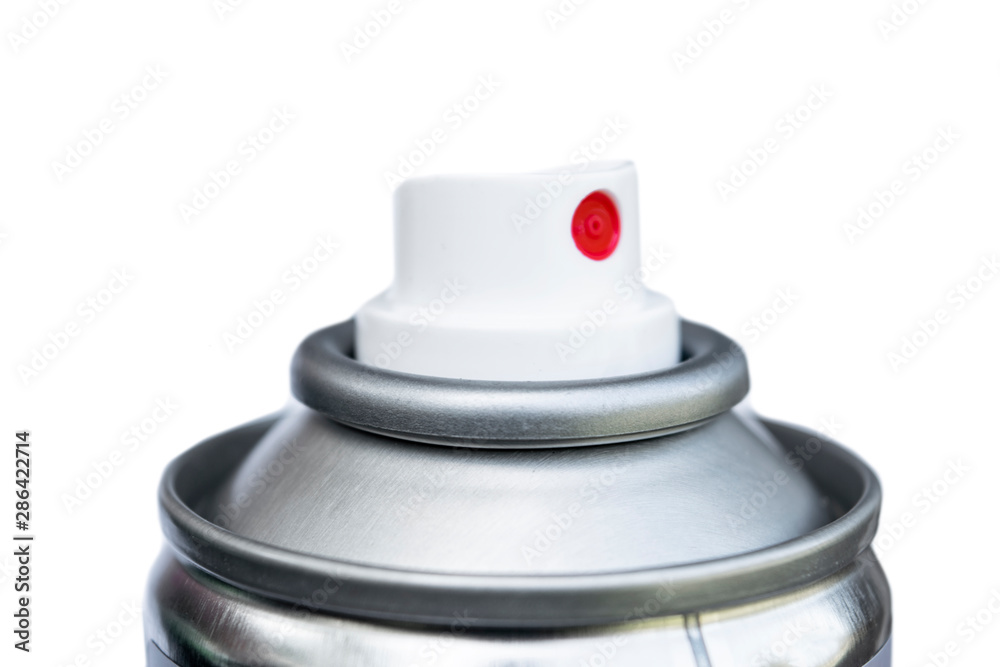 Aluminium spray can. Aerosol bottle. Paint tin with cap. Compressed foam chrome Packaging. Deodorant or hairspray cosmetic cylinder tube isolated on white background
