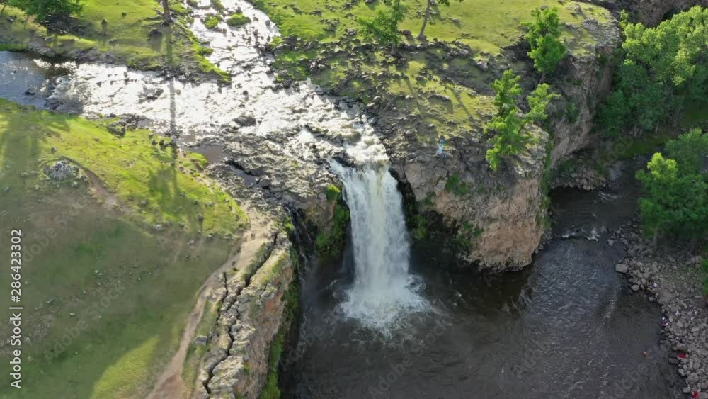 Aerial around view of Orkhon waterfall in central Mongolia, 4k Aerial around view of Orkhon waterfall in central Mongolia, 4k