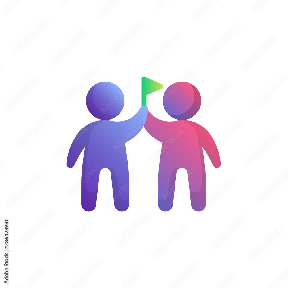 Man gives flag to another human flat icon, vector sign, Two men with flag colorful pictogram isolated on white. Teamwork symbol, logo illustration. Flat style design