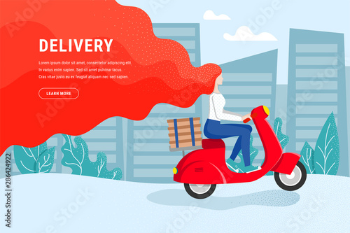 Girl courier rides a moped with boxes text