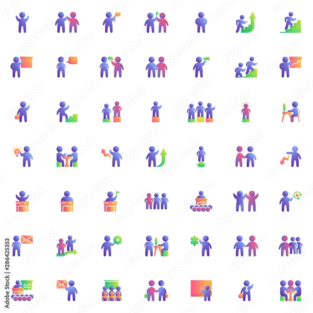 Teamwork people elements collection flat icons set, Colorful symbols pack contains - Business agreement handshake, Group of people crowd, Training, Presentation. Vector illustration. Flat style design