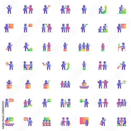 Teamwork people elements collection flat icons set, Colorful symbols pack contains - Business agreement handshake, Group of people crowd, Training, Presentation. Vector illustration. Flat style design