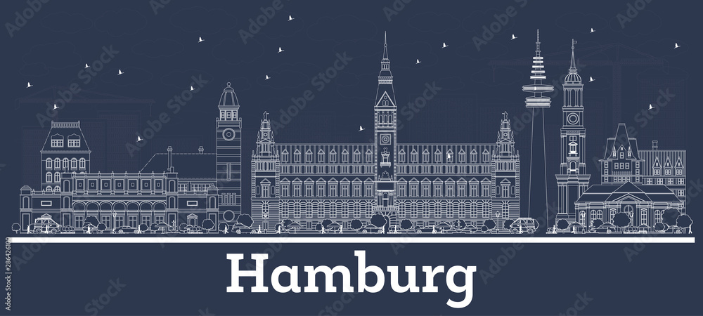 Outline Hamburg Germany City Skyline with White Buildings.