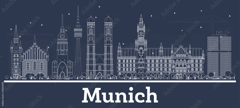 Outline Munich Germany City Skyline with White Buildings.