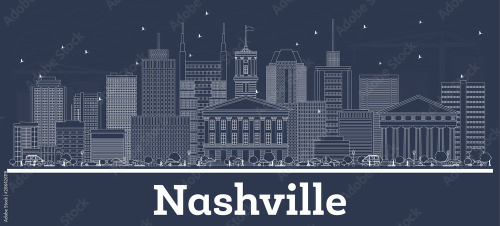 Outline Nashville Tennessee USA City Skyline with White Buildings.