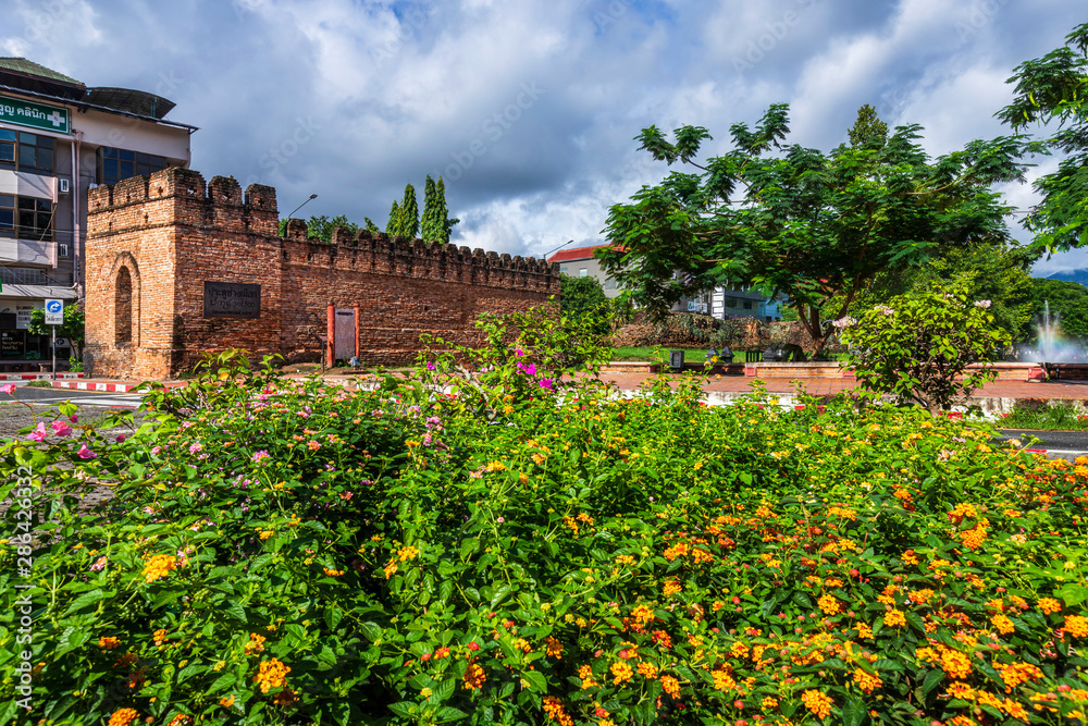 CHIANG MAI, THAILAND - Augustr 6, 2019:Chiang Mai Gate old city ancient wall and moat (chang phuak gate) in Chiang Mai Northern Thailand.