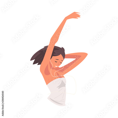 Girl in Hoodie Listening to Music with Earphones and Dancing, Happy Girl Using Mobile Device Vector Illustration