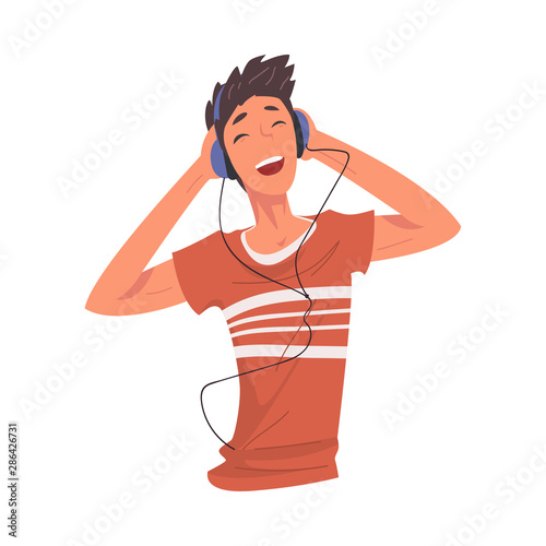 Teenager Boy Listening to Music with Headhones, Guy Using Smartphone or Audio Player Vector Illustration