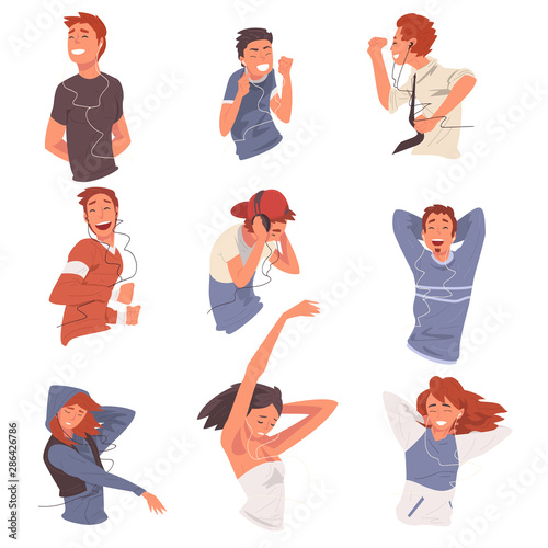 Happy People Listening to Music Wearing Earphones and Headphones and Dancing Set, Happy Teen Boys and Girls Using Mobile Devices Vector Illustration