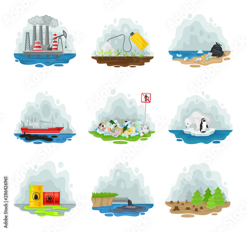 Set of types of air pollution. Vector illustration on a white background.