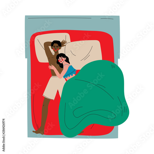 interracial Couple Sleeping Together in Bed, Husband and Wife Embracing Each Other, View From Above Vector Illustration