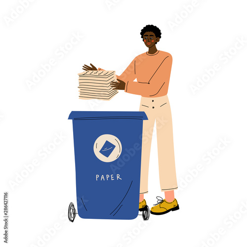 African American Man Throwing Paper Waste into Garbage Container, Guy Sorting Waste for Further Processing Vector Illustration