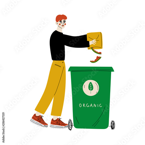 Young Man Throwing Organic Waste into Garbage Container, Guy Sorting Waste for Further Processing Vector Illustration