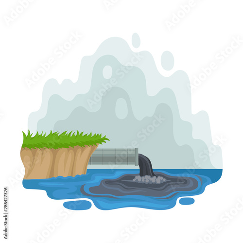Pipe sticks out of the shore. Vector illustration on a white background.