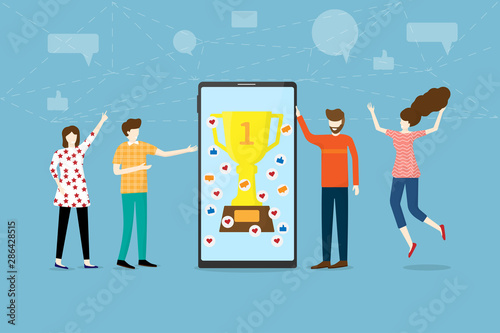 Successful teamwork marketing and online business concept. Happy young people are celebrating with winner trophy cup on big smartphone isolated on blue background. Vector illustration in flat design.