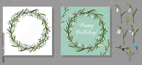 Beautiful card template with white flowers wreath in the white and tiffany background. Floral elements and snowdrops. Isolated floral wreath. Vector illustration. Template for wedding, invitation.