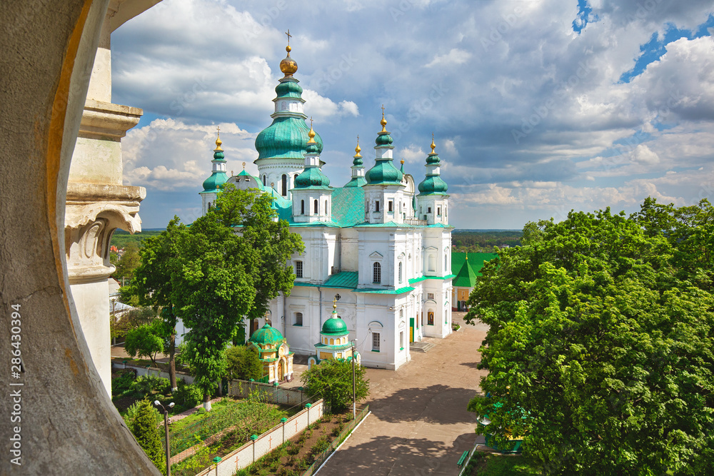 Beautiful orthodox chuch with green domes. Architecture of Chernihiv, Ukraine.
