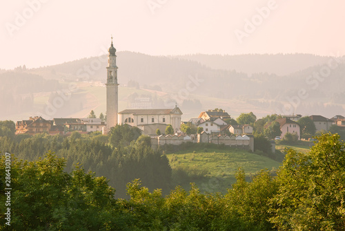 Panoramic view to the small town with church in Veneto region, Italy