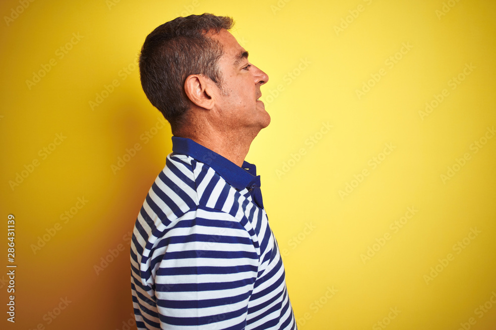 Handsome middle age man wearing striped polo standing over isolated yellow background looking to side, relax profile pose with natural face with confident smile. Handsome middle age man wearing striped polo standing over isolated yellow background looking to side, relax profile pose with natural face with confident smile.