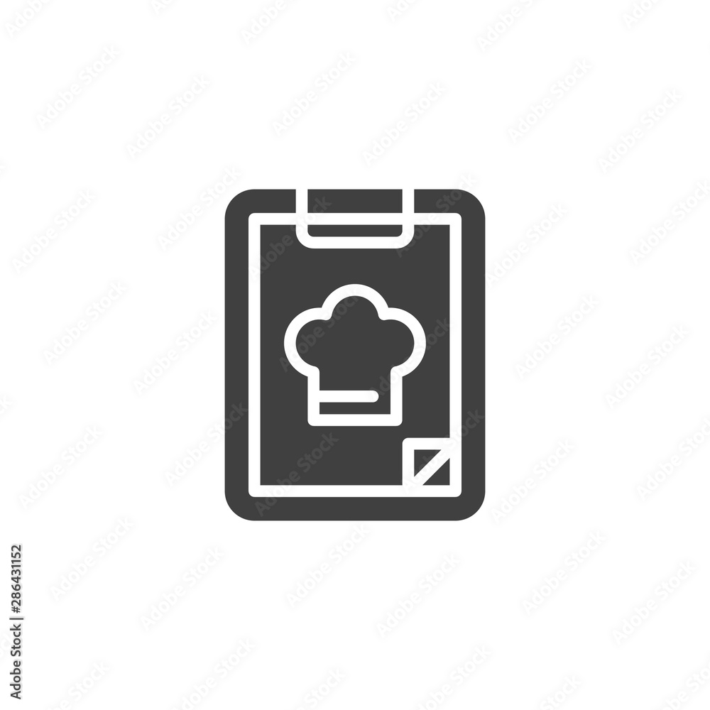 Menu, food order vector icon. filled flat sign for mobile concept and web design. Chef menu note pad glyph icon. Symbol, logo illustration. Vector graphics Menu, food order vector icon. filled flat sign for mobile concept and web design. Chef menu note pad glyph icon. Symbol, logo illustration. Vector graphics