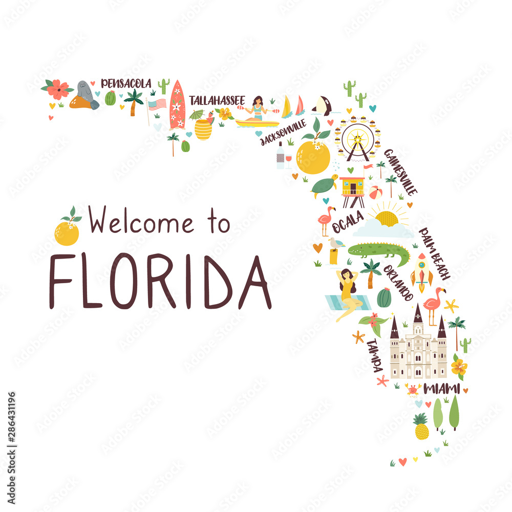 Illustrated abstract map of Florida with symbols