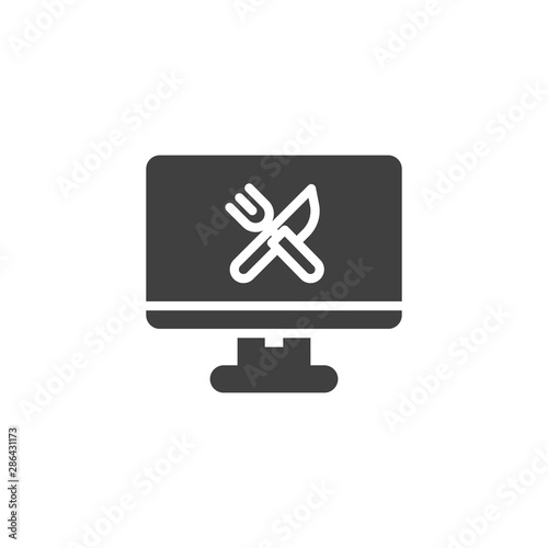 Online food ordering vector icon. filled flat sign for mobile concept and web design. Monitor with fork and knife glyph icon. Symbol, logo illustration. Vector graphics