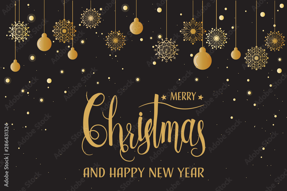 golden Christmas snowflakes and ornaments background with calligraphy
