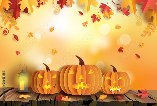 Paper art style of pumpkins on wood with autumn background, Halloween concept. photo