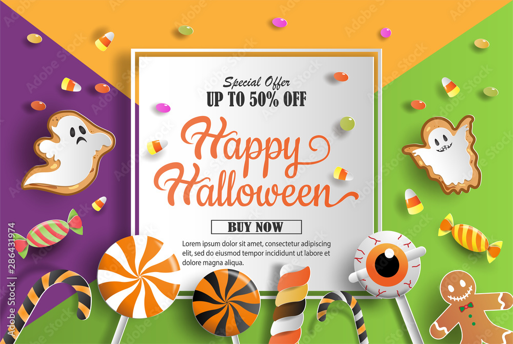 Fototapeta premium Paper art and craft style of Halloween treat decorations, promotion banner with discount offer on special occasion, give voucher, banner, poster or background.