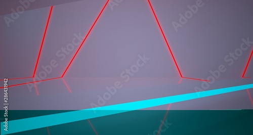 Abstract architectural white interior of a minimalist house with color gradient neon lighting. 3D illustration and rendering.