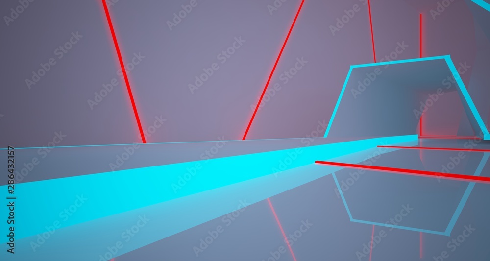 Fototapeta premium Abstract architectural white interior of a minimalist house with color gradient neon lighting. 3D illustration and rendering.
