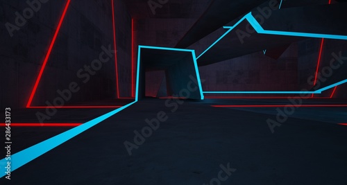 Abstract architectural concrete interior of a minimalist house with color gradient neon lighting. 3D illustration and rendering.