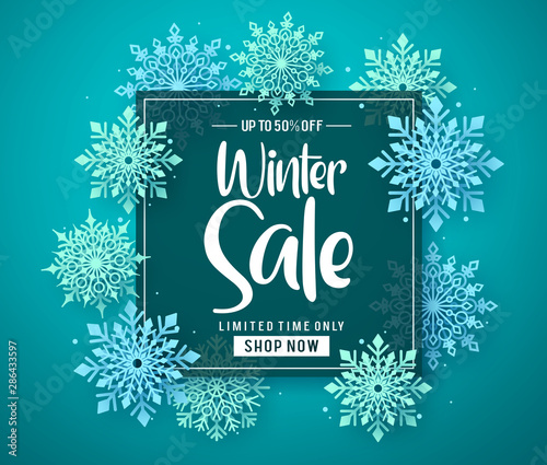 Winter sale vector banner template with sale text in frame for shopping promotion and snowflakes on blue background design. Vector illustration. photo