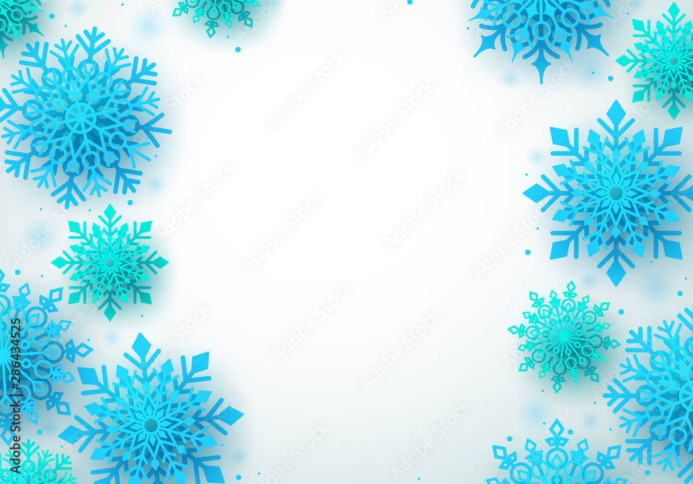 Winter snowflakes vector background. White winter background with blue snowflakes and empty white space for text. Vector illustration. Winter snowflakes vector background. White winter background with blue snowflakes and empty white space for text. Vector illustration.