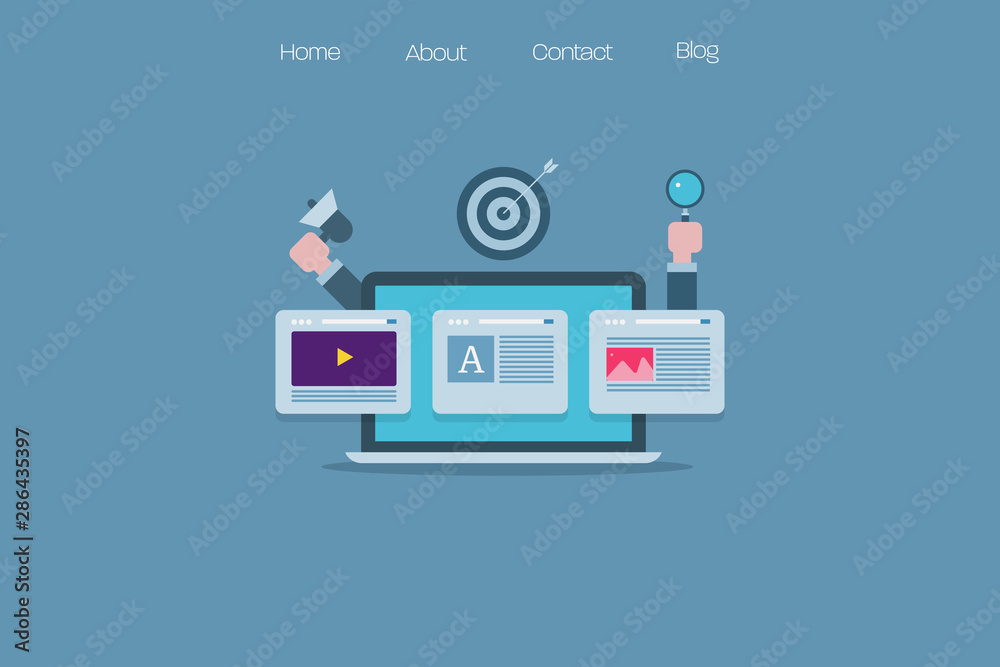 Content for digital marketing, web advertising, target audience, seo concept. Flat design vector illustration, banner, template, presentation. Content for digital marketing, web advertising, target audience, seo concept. Flat design vector illustration, banner, template, presentation.