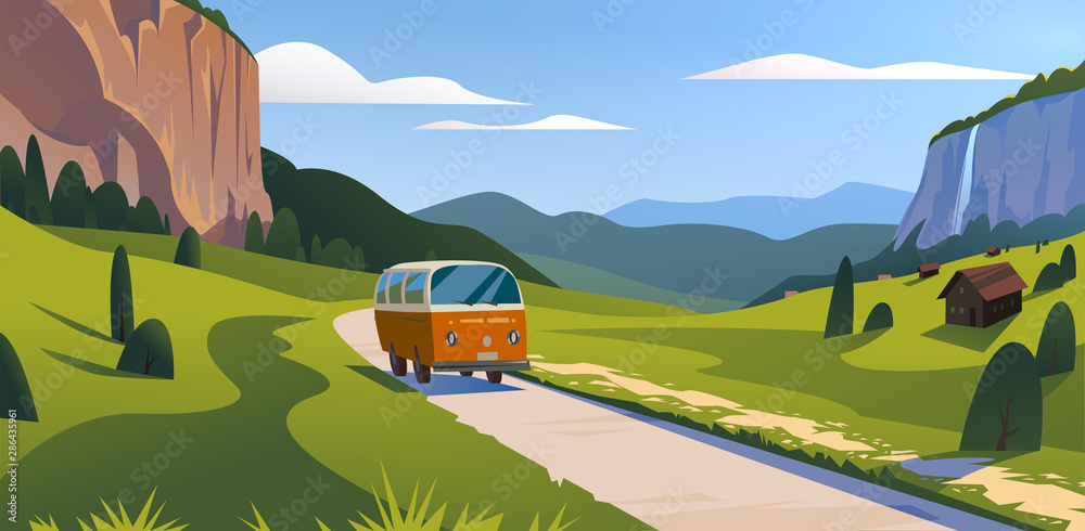 Naklejka Wektorowa płaska lato krajobrazu ilustracja, dziki natura widok: niebo, góry, łąka, furgonetka jedzie na drodze. Na baner podróży samochodem, kartę podróży, wakacyjną reklamę turystyczną, broszurę, przezroczystego.