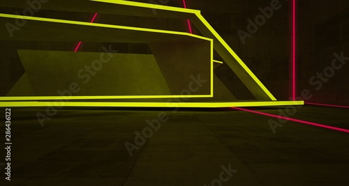 Abstract architectural concrete interior of a minimalist house with color gradient neon lighting. 3D illustration and rendering. © SERGEYMANSUROV