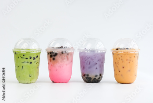Variety of bubble milk tea,Taiwan milk tea in plastic glass with white background.