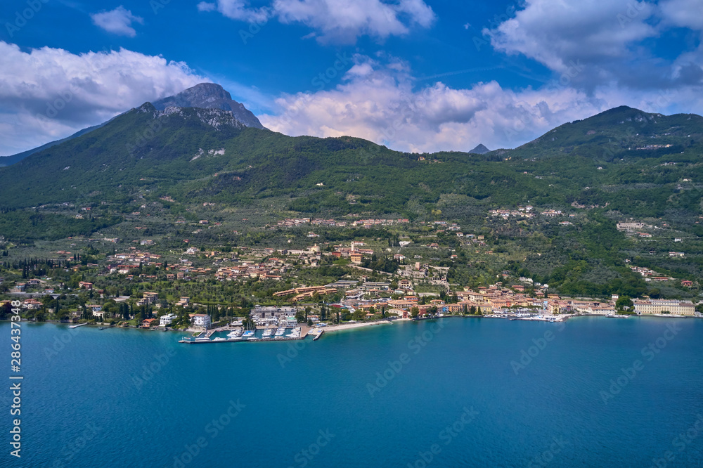 Aerial photography with drone. Italian town Gargnano on Lake Garda, Italy.