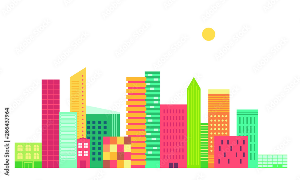 Abstract horizontal banner with city buildings. Town landscape illustration in minimal geometric flat style 