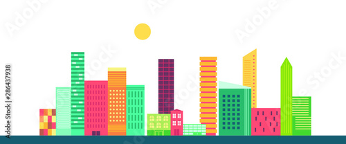 Abstract horizontal banner with city buildings. Town landscape illustration in minimal geometric flat style for web site of real estate or travel agency. 