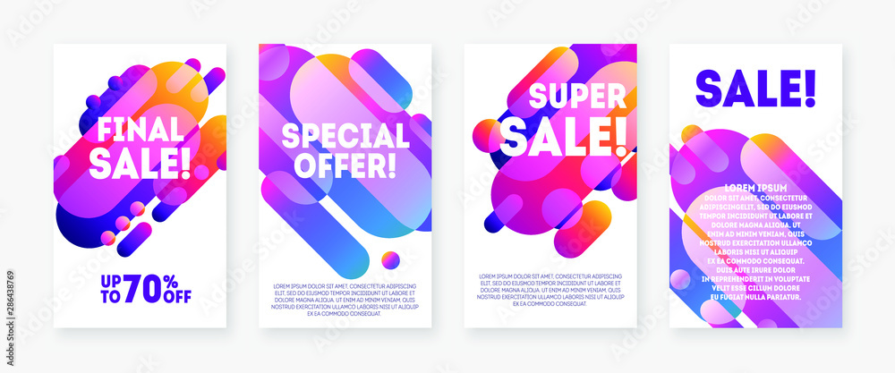 Trendy design sale banners. Modern gradient discount flyer set. Creative shapes promotion template