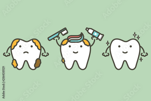 tooth holding toothbrush and toothpaste, compare before and after of brushing teeth - dental cartoon vector flat style